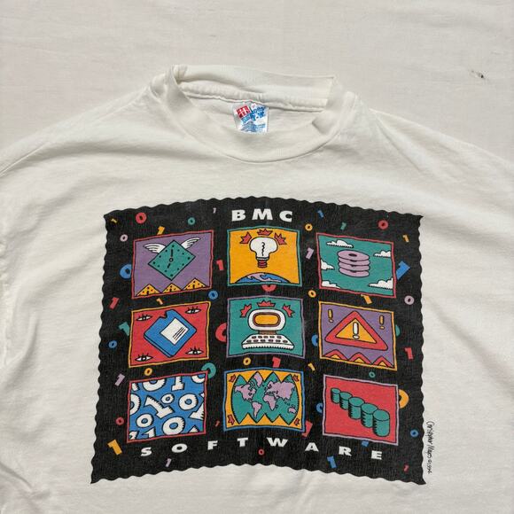 VTG 90's BMC Software Tech Computer Graphic Short Sleeve T-Shirt White Men's L - Picture 2 of 5